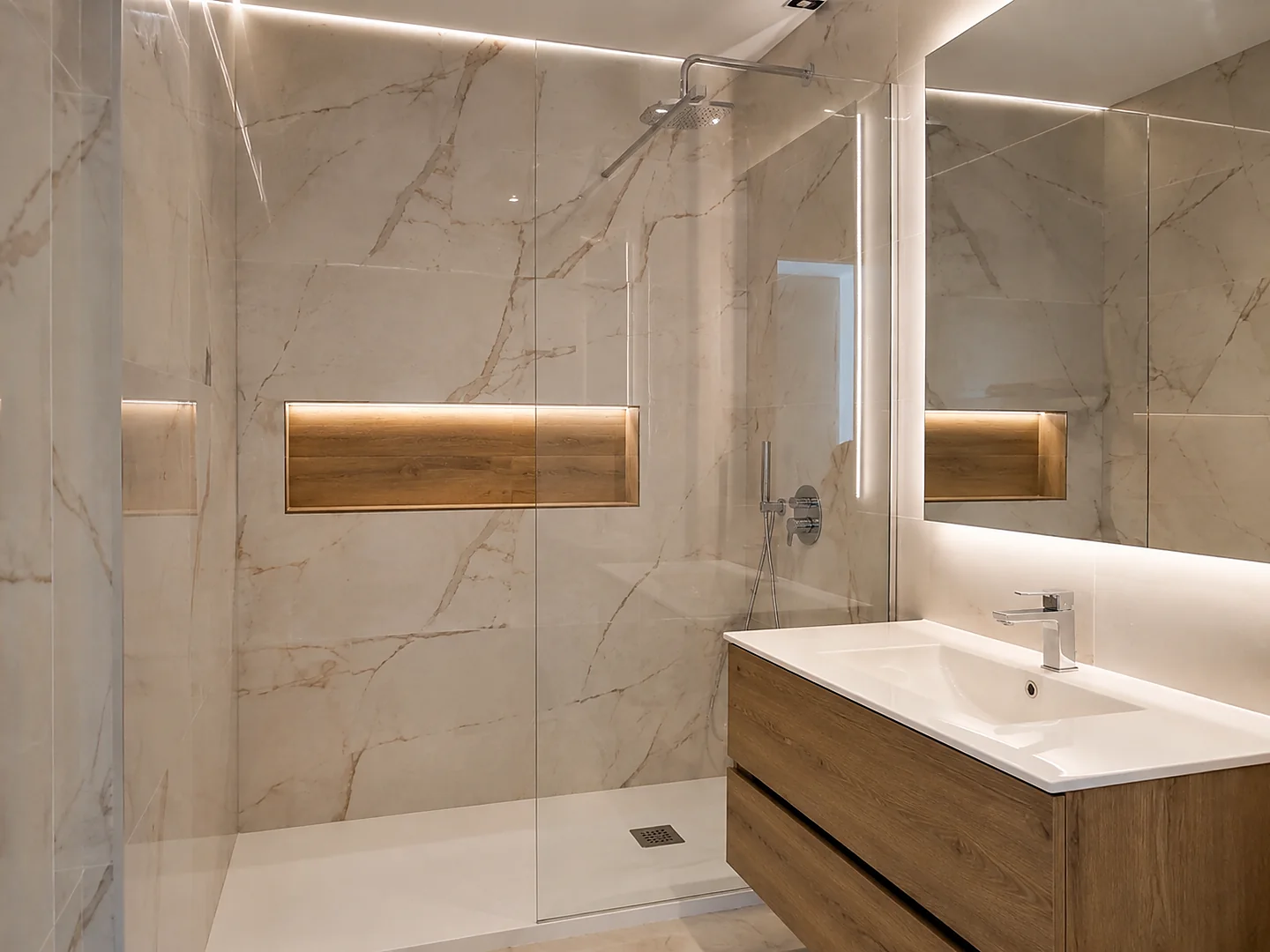 Baño revestido con azulejo de gran formato